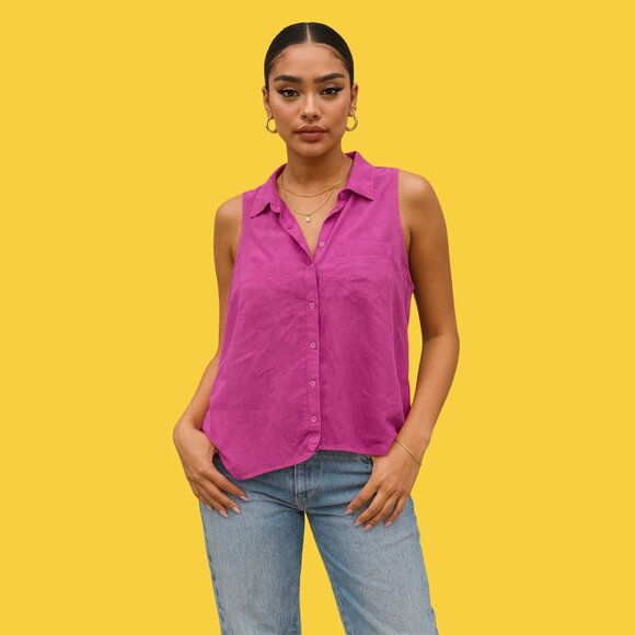 GUESS 100% Silk Magenta Sleeveless Button-Up Blouse – Size L - Picture 1 of 7